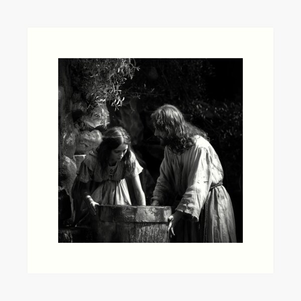 Item preview, Jesus and the Samaritan Woman at the Well | Biblical Christian Art | Black and White Faith Illustration designed and sold by inkoutninja.