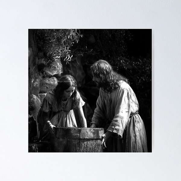 Item preview, Jesus and the Samaritan Woman at the Well | Biblical Christian Art | Black and White Faith Illustration designed and sold by inkoutninja.