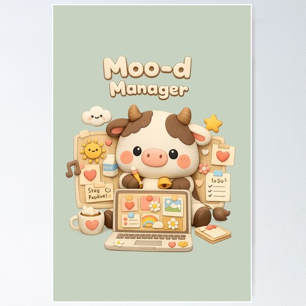 Item preview, Cute Cow Moo-d Manager - Kawaii Office Animal | Funny Productivity Mood Board Aesthetic designed and sold by Moons Studio.