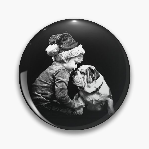 Item preview, Christmas Child and Bulldog Friendship | Cute Holiday Dog Art | Black and White Pet Illustration designed and sold by inkoutninja.