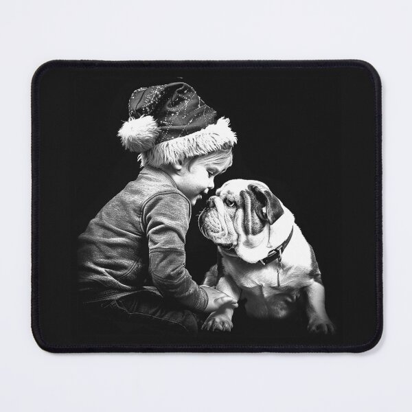 Item preview, Christmas Child and Bulldog Friendship | Cute Holiday Dog Art | Black and White Pet Illustration designed and sold by inkoutninja.