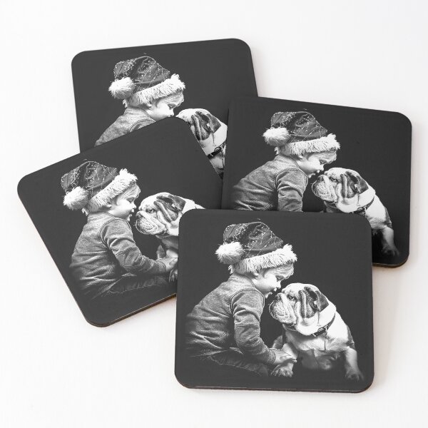 Item preview, Christmas Child and Bulldog Friendship | Cute Holiday Dog Art | Black and White Pet Illustration designed and sold by inkoutninja.