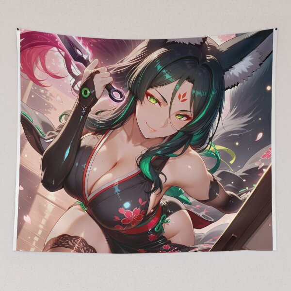 Item preview, Mystic Fox Spirit Warrior – Anime Kitsune Girl with Sakura Kimono Fantasy Aesthetic Art designed and sold by Dyan4.
