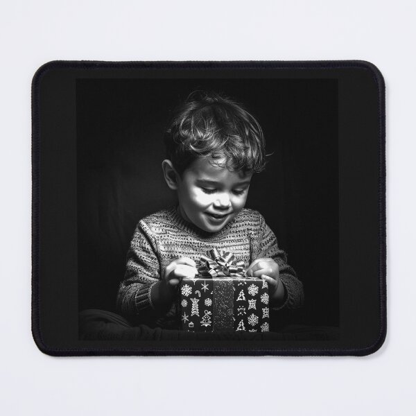 Item preview, Boy Opening a Christmas Gift | Heartwarming Holiday Childhood Portrait | Black and White Art designed and sold by inkoutninja.
