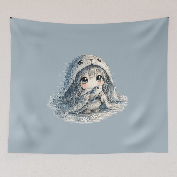 Item preview, Chibi Selkie Illustration – Cute Seal Girl with Fish Friend Ocean Art designed and sold by MagicMakerPh.