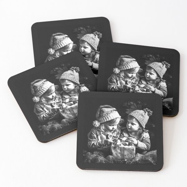 Item preview, Children Sharing a Christmas Gift | Heartwarming Holiday Friendship | Black and White Christmas Art designed and sold by inkoutninja.