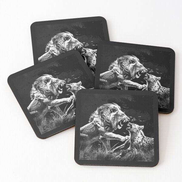 Item preview, Lion Fighting a Hyena | Dramatic African Wildlife Battle | Black and White Animal Art designed and sold by inkoutninja.