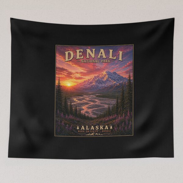 Item preview, Denali National Park Poster | Alaska Vintage Travel Poster | Hidden Bigfoot Landscape Art designed and sold by Swanny's Custom T-shirt and Gift Designs.