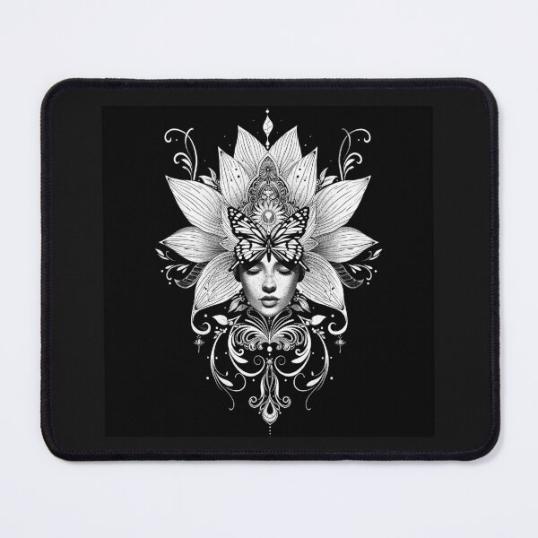 Item preview, Butterfly Woman with Lotus Flower | Mystical Feminine Mandala Art | Black and White Boho Illustration designed and sold by inkoutninja.