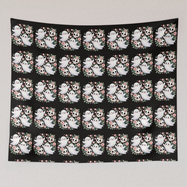 Item preview, Cute Kawaii Ghosts and Skulls Botanical Floral Art designed and sold by LunaPixelStudio.