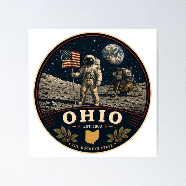 Artikelvorschau, Ohio-Staatswappen im Retro-Stil – Vintage-Reisegrafik entworfen und verkauft von Mac Sketches.