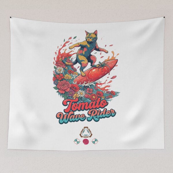 Item preview, Tomato Wave Rider - Whimsical Surfing Cat designed and sold by m-yoga-store.