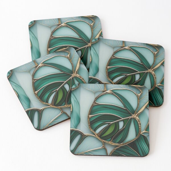 Item preview, Elegant Tropical Leaves with Gold in Stained Glass Style designed and sold by BriSher.