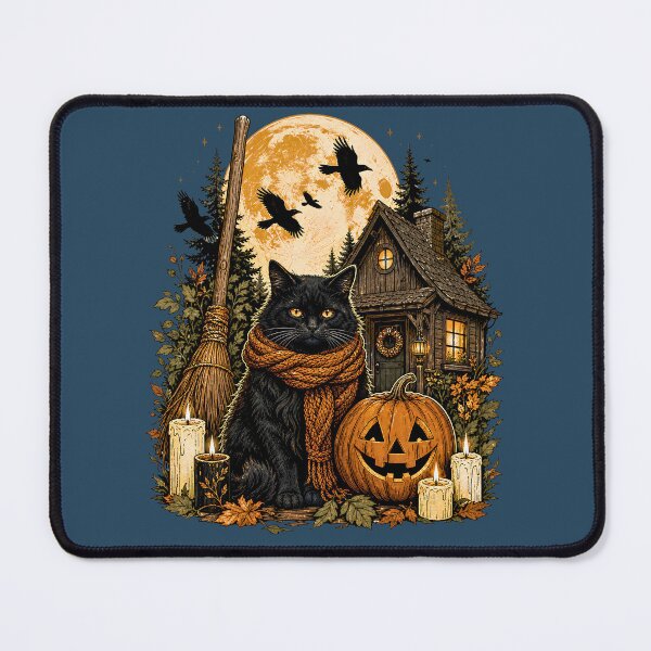 Item preview, Cozy Autumn Black Cat & Halloween Jack-o'-Lantern Cottage designed and sold by BumbleBloom7.