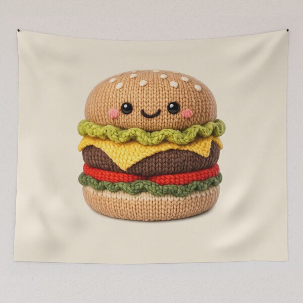 Item preview, Cute Knitted Cheeseburger Plush | Kawaii Handmade Crochet Knit Food designed and sold by Moons Studio.