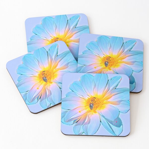 Item preview, Moody Electric Blue Dahlia Flower Painting with Honeybee designed and sold by BalkanBloom.