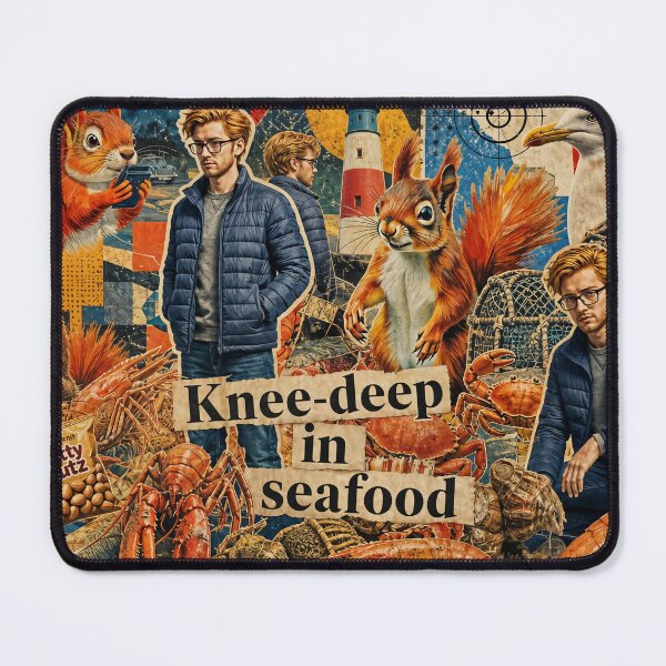 Item preview, Knee-Deep in Seafood – Coastal Collage Art Featuring Eric, Fletcher & Pecky designed and sold by Fruit-Fletcher.