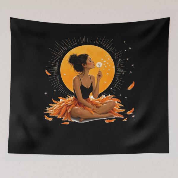 Item preview, Meditating Woman Dandelion Moon Orange Feathers Mindfulness designed and sold by yoddel.