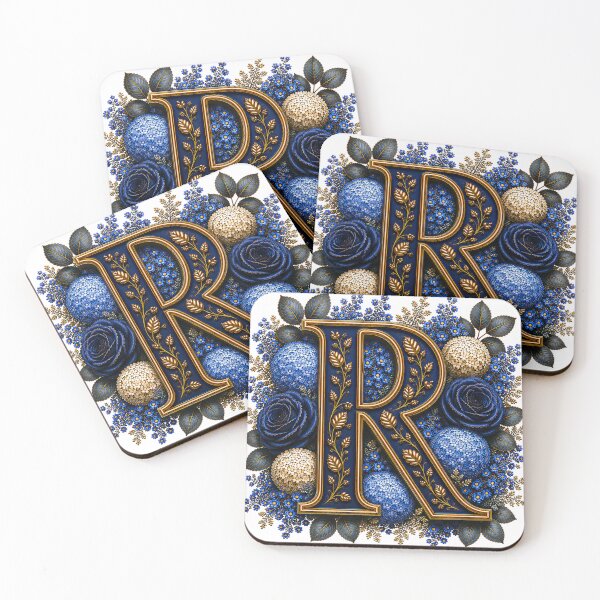 Item preview, Elegant Letter R Monogram with Blue Hydrangeas & Gold Botanical Design | Luxury Floral Initial Art designed and sold by MoodLay.