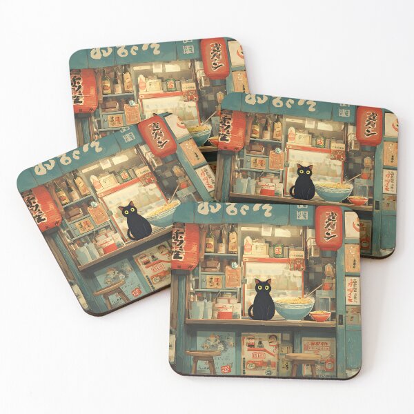 Item preview, Cute Black Cat at a Cozy Japanese Ramen Shop – Vintage Street Illustration designed and sold by SchultzWaltons.