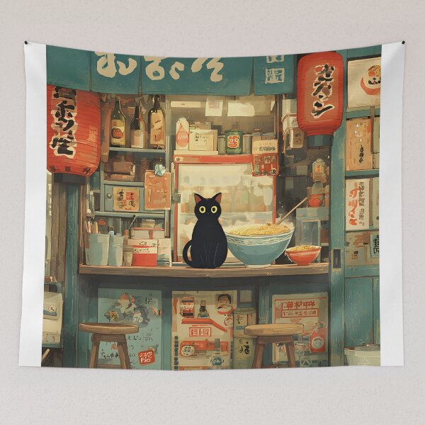 Item preview, Cute Black Cat at a Cozy Japanese Ramen Shop – Vintage Street Illustration designed and sold by SchultzWaltons.