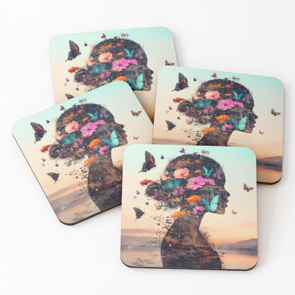 Item preview, Silhouette portrait of a beautiful girl created from flowers, butterflies and birds during sunset.	 designed and sold by Soft Oddity.