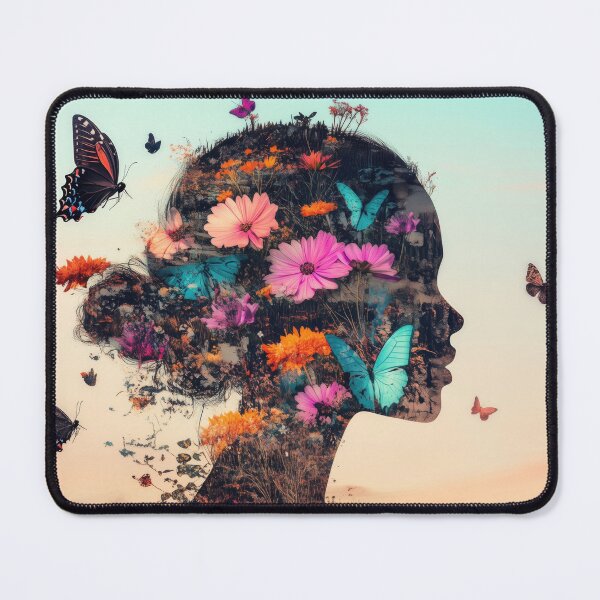 Item preview, Silhouette portrait of a beautiful girl created from flowers, butterflies and birds during sunset. designed and sold by Soft Oddity.
