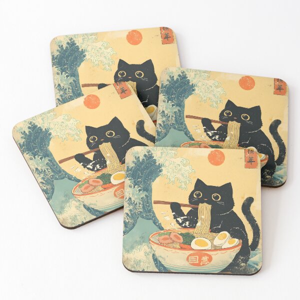 Item preview, Cute Black Cat Eating Ramen by the Ocean – Japanese Wave Style Illustration designed and sold by SchultzWaltons.