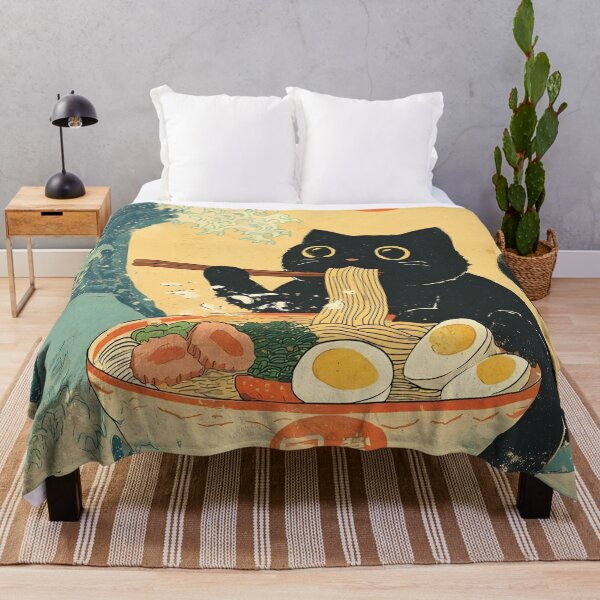 Item preview, Cute Black Cat Eating Ramen by the Ocean – Japanese Wave Style Illustration designed and sold by SchultzWaltons.