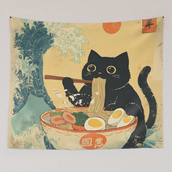 Item preview, Cute Black Cat Eating Ramen by the Ocean – Japanese Wave Style Illustration designed and sold by SchultzWaltons.