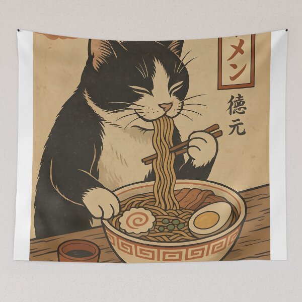 Item preview, Cute Tuxedo Cat Enjoying Ramen – Vintage Japanese Style Illustration designed and sold by SchultzWaltons.