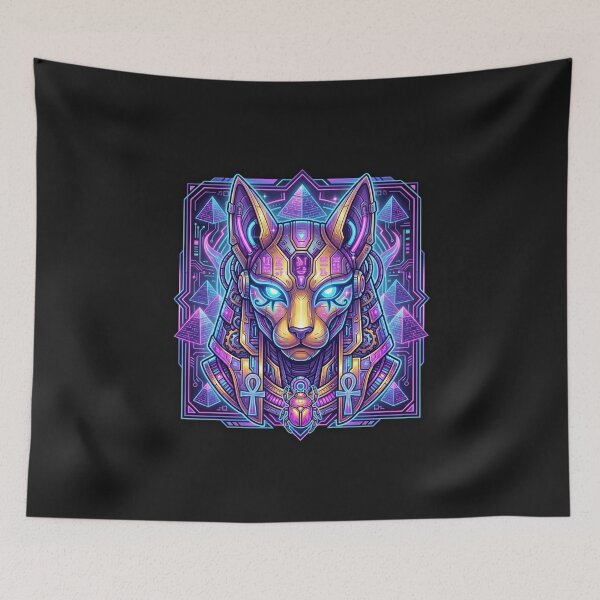 Item preview, Neon Cyberpunk Bastet - Futuristic Egyptian Cat Goddess Art designed and sold by alalame.