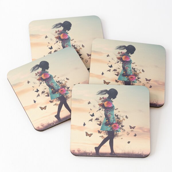 Item preview, Silhouette portrait of a beautiful girl created from flowers, butterflies and birds during sunset designed and sold by Soft Oddity.
