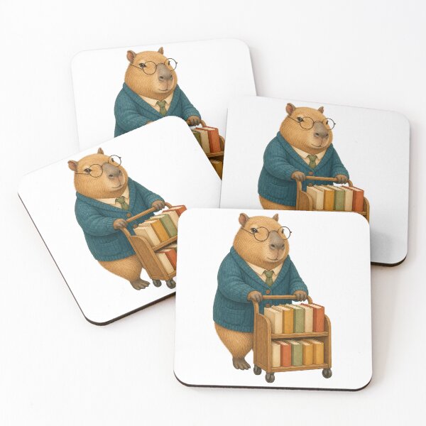 Item preview, Capybara Librarian Pushing a Tiny Book Cart designed and sold by Freshloop Studio | Whimsical Vintage Art.