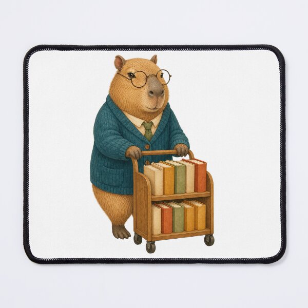 Item preview, Capybara Librarian Pushing a Tiny Book Cart designed and sold by Whimsy Paw Studio | Cute Animal Art.
