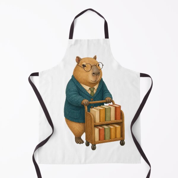 Item preview, Capybara Librarian Pushing a Tiny Book Cart designed and sold by Whimsy Paw Studio | Cute Animal Art.