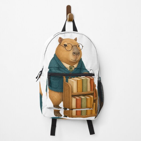 Item preview, Capybara Librarian Pushing a Tiny Book Cart designed and sold by Freshloop Studio | Whimsical Vintage Art.