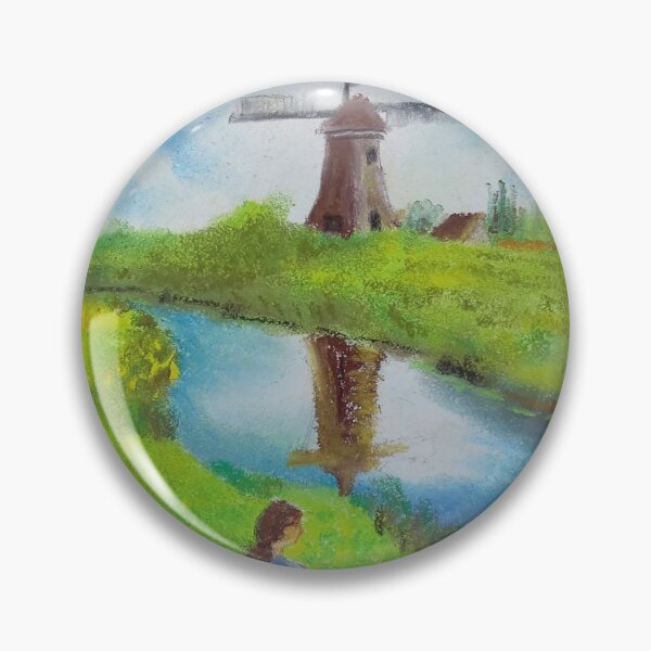 Item preview, Girl by the River Windmill | Soft Pastel Landscape Painting designed and sold by nuriart.