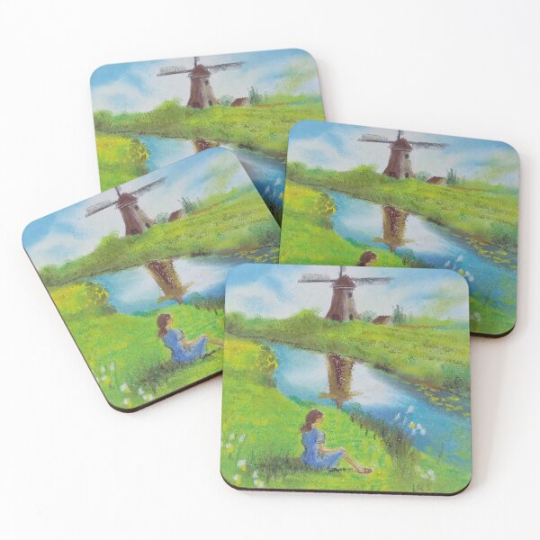 Item preview, Girl by the River Windmill | Soft Pastel Landscape Painting designed and sold by nuriart.