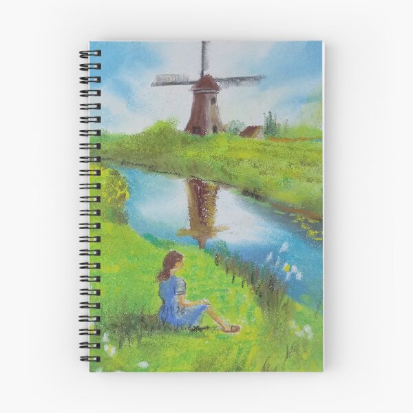 Item preview, Girl by the River Windmill | Soft Pastel Landscape Painting designed and sold by nuriart.