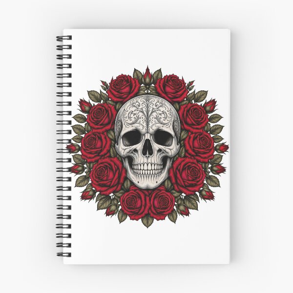 Item preview, Ornate Sugar Skull with Red Rose Wreath designed and sold by FrozenPolarBear.