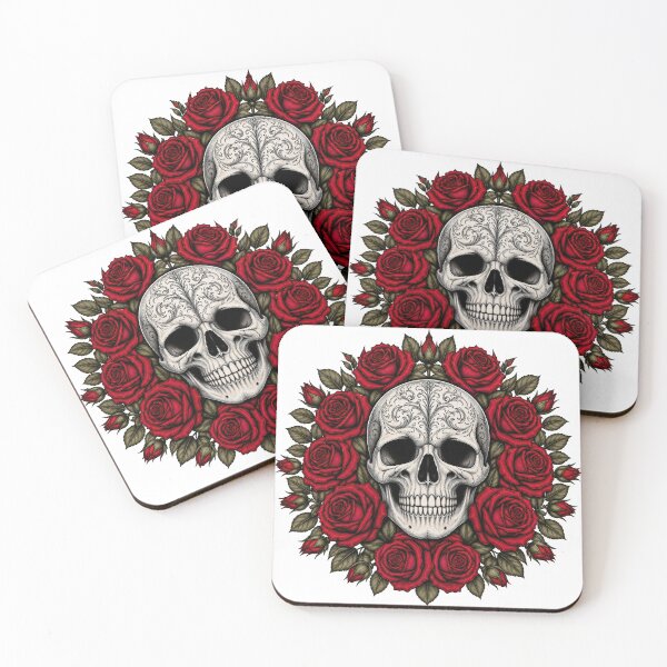 Item preview, Ornate Sugar Skull with Red Rose Wreath designed and sold by FrozenPolarBear.