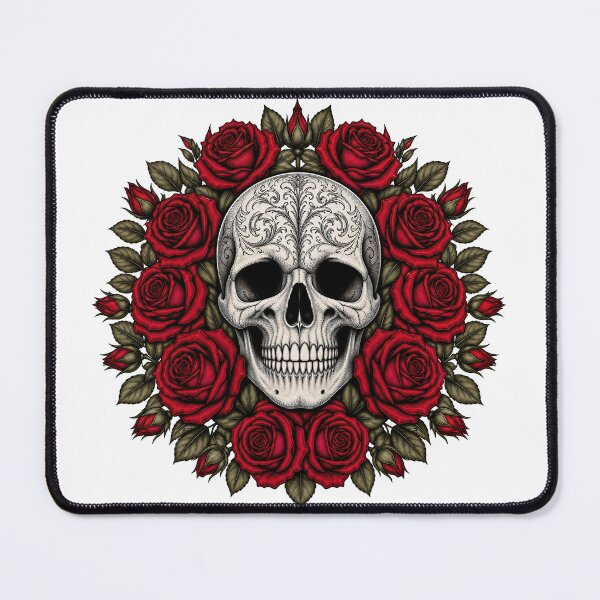 Item preview, Ornate Sugar Skull with Red Rose Wreath designed and sold by FrozenPolarBear.