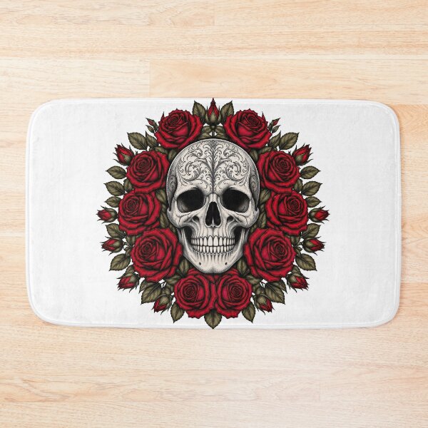 Item preview, Ornate Sugar Skull with Red Rose Wreath designed and sold by FrozenPolarBear.