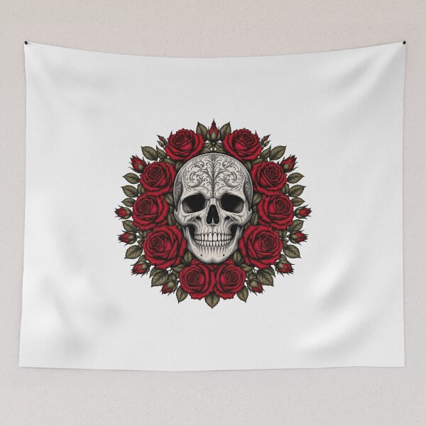 Item preview, Ornate Sugar Skull with Red Rose Wreath designed and sold by FrozenPolarBear.