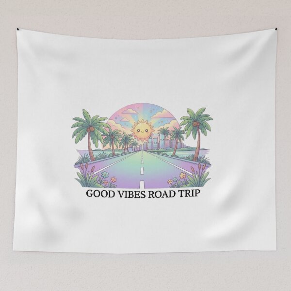 Item preview, Kawaii Good Vibes Road Trip - Cute Pastel Retro Sunset Landscape Sticker designed and sold by Amituniqart.