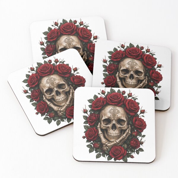 Item preview, Pensive Gothic Skull with Red Roses and Skeletal Hands designed and sold by FrozenPolarBear.