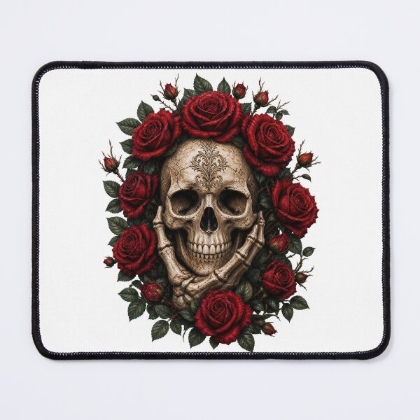 Item preview, Pensive Gothic Skull with Red Roses and Skeletal Hands designed and sold by FrozenPolarBear.