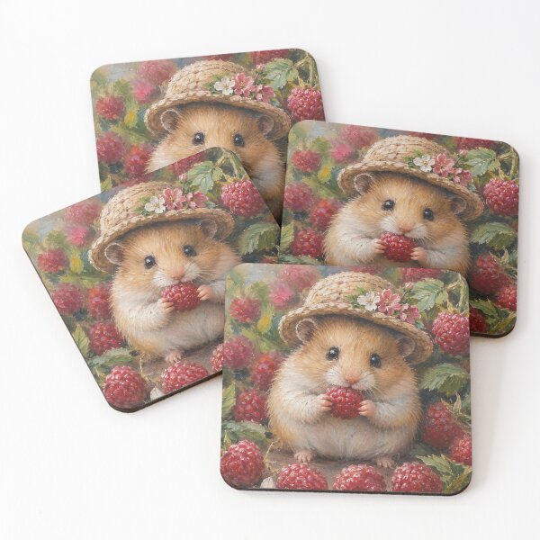 Item preview, Cute Hamster Wearing Straw Hat Eating Raspberry designed and sold by ArcaneVisionArt.