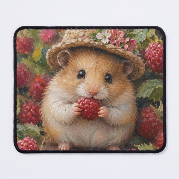 Item preview, Cute Hamster Wearing Straw Hat Eating Raspberry designed and sold by ArcaneVisionArt.
